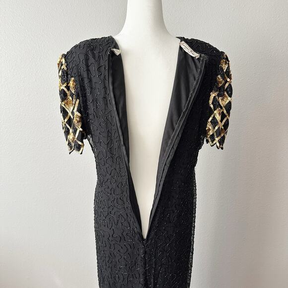 Laurence Kazar Gold Sequin Argyle Black Beaded Silk Evening Gown Women’s Size XL - Picture 8 of 15